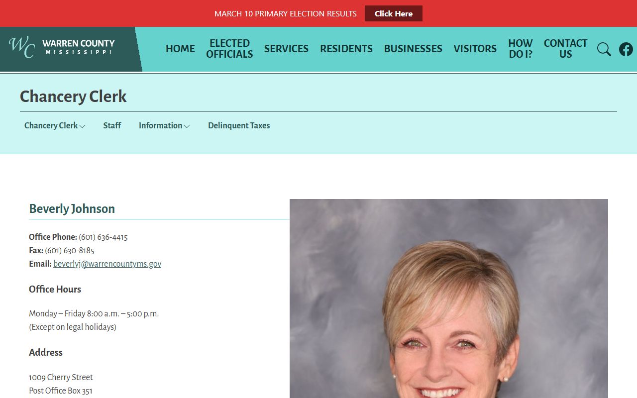 Warren County Chancery Clerk page with court records, staff, and land records contacts