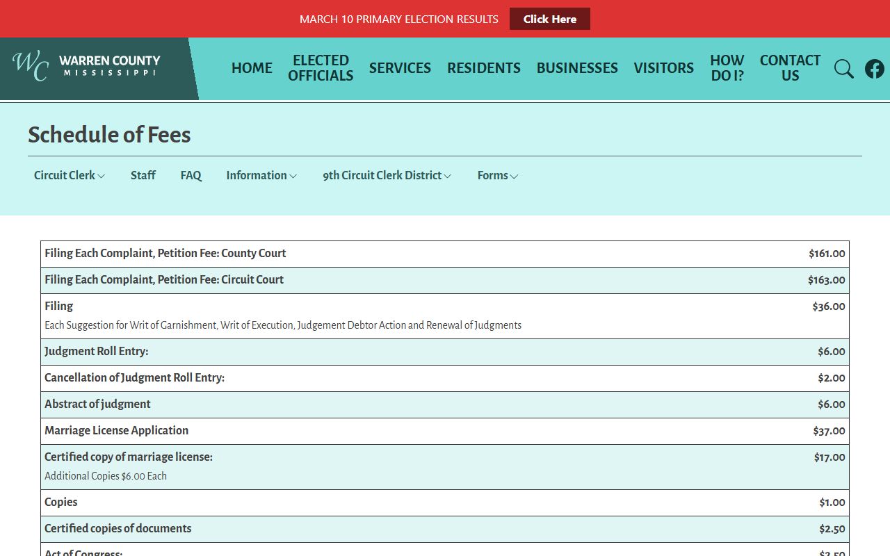 Warren County Circuit Clerk records fee schedule for filings, copies, and certified documents