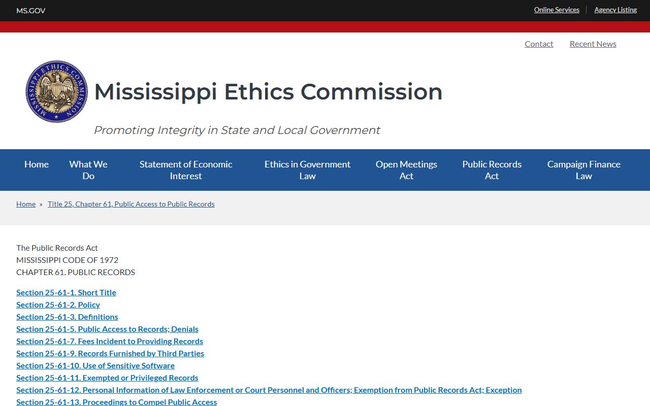 Warren County court records Mississippi Public Records Act page at the Ethics Commission