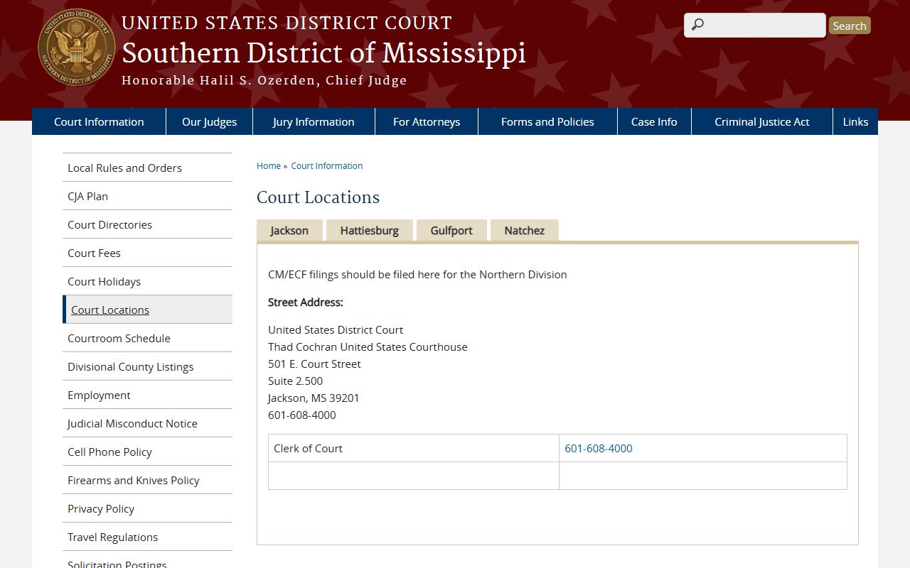 Warren County federal court records and Southern District of Mississippi court locations