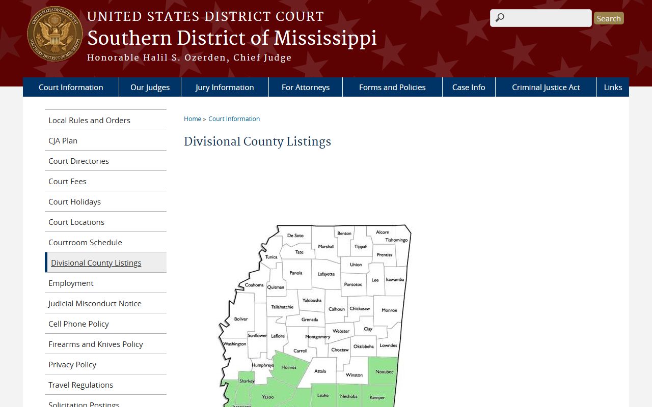 Warren County federal court records on the Southern District of Mississippi divisional county listing