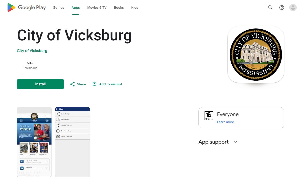 Warren County area City of Vicksburg app Google Play listing with alerts and payments, no inmate search