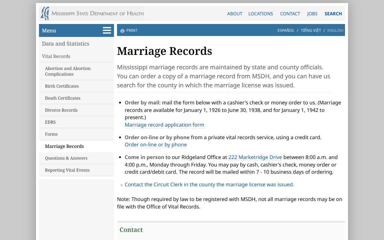 Warren County marriage records order page at the Mississippi State Department of Health