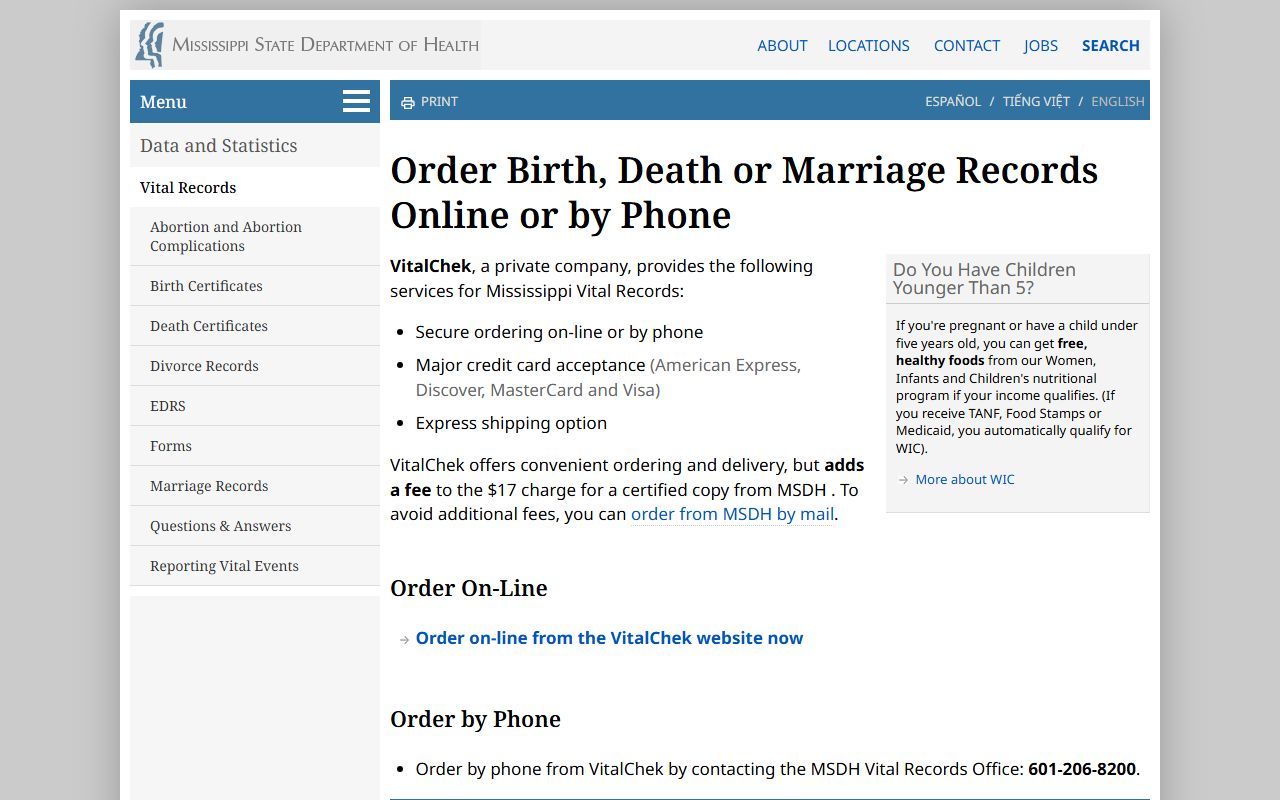 Warren County marriage record online ordering through VitalChek at MSDH