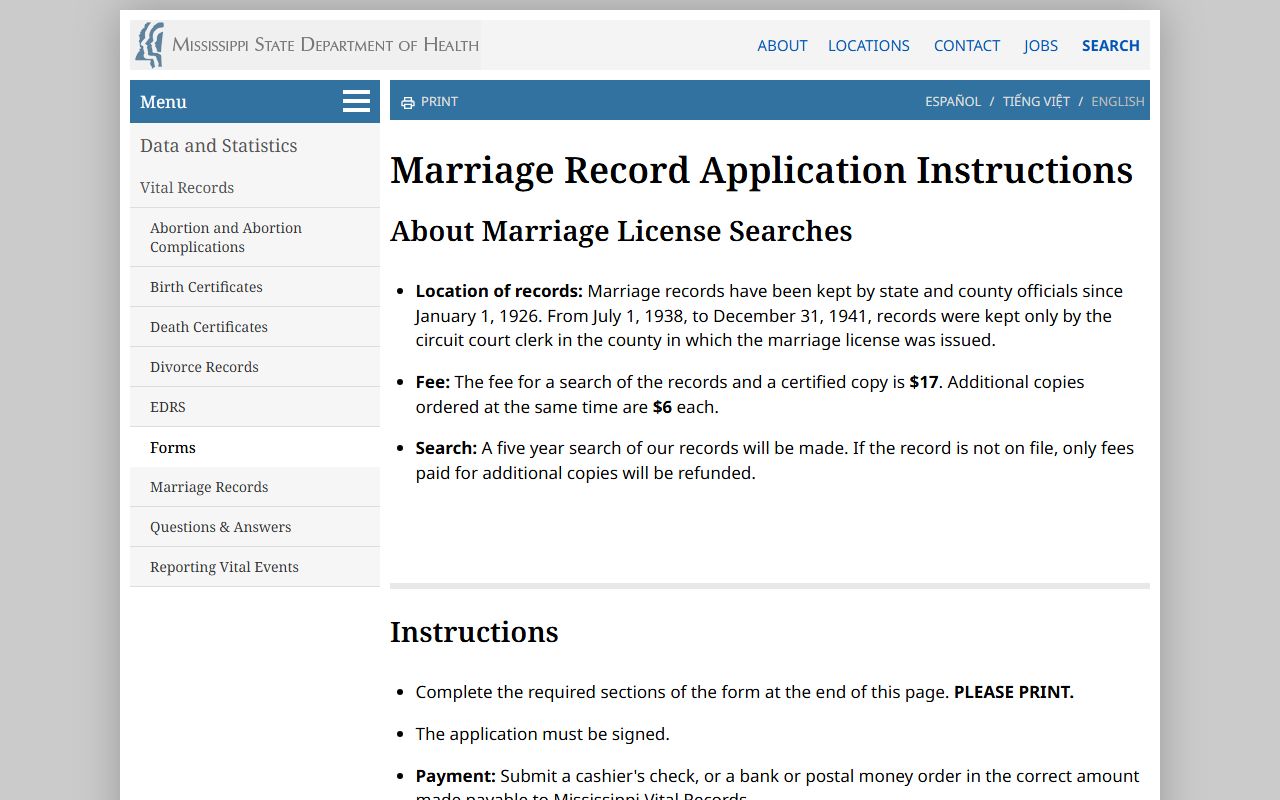Warren County marriage record application instructions from Mississippi Vital Records