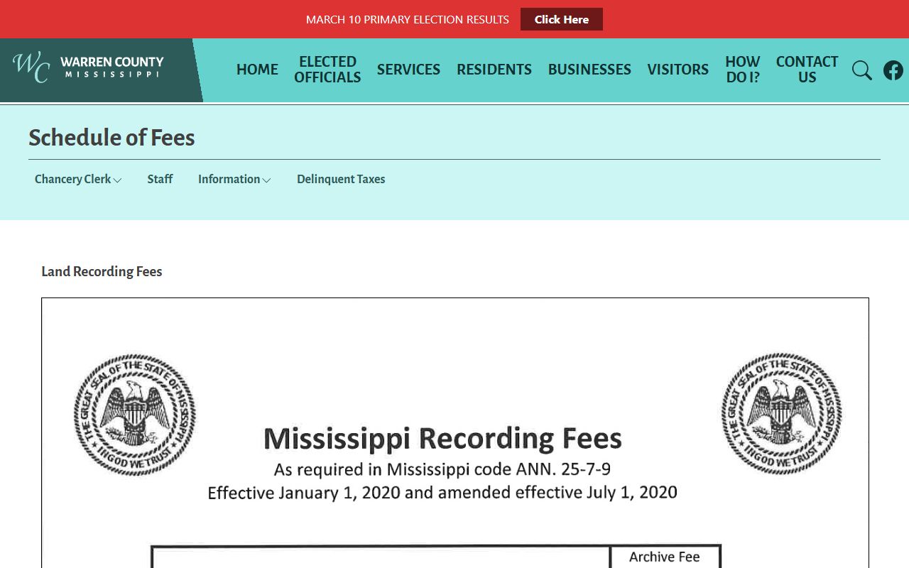 Warren County probate records Chancery Clerk schedule of fees page