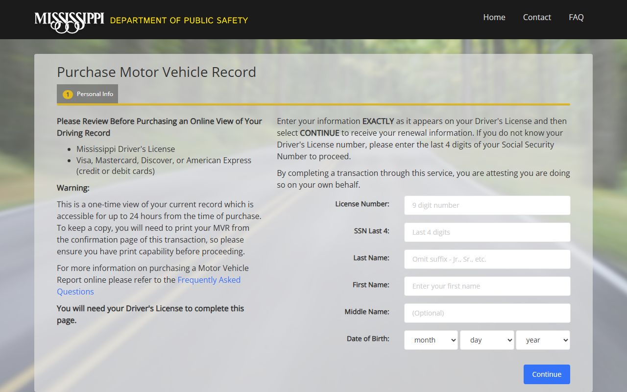 Warren County traffic court records DPS one-time motor vehicle record purchase portal