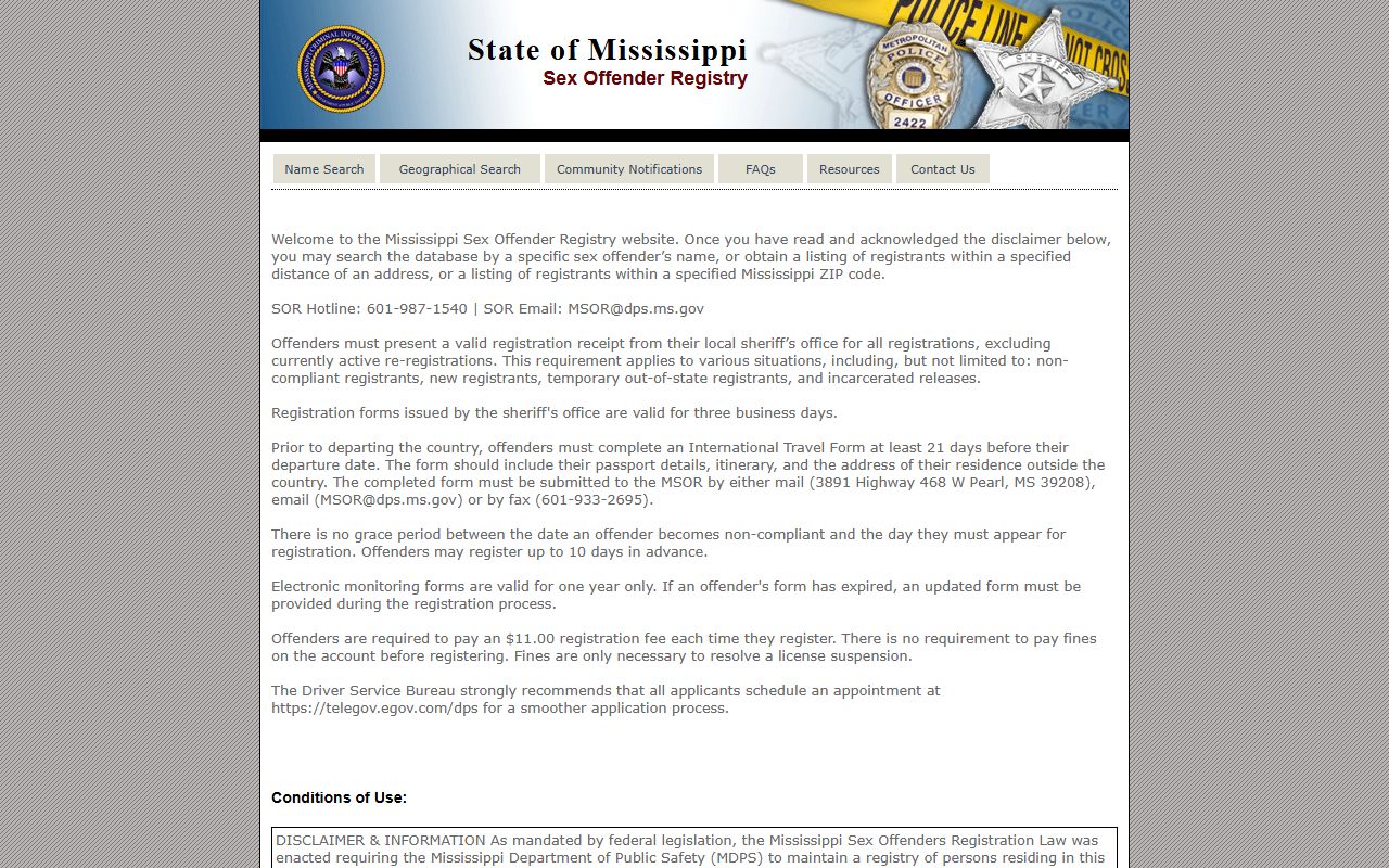 Warren County warrant records and Mississippi sex offender registry search page